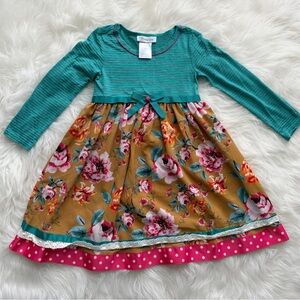 Bonnie Jean Floral Long Sleeve Dress with Pink Accents